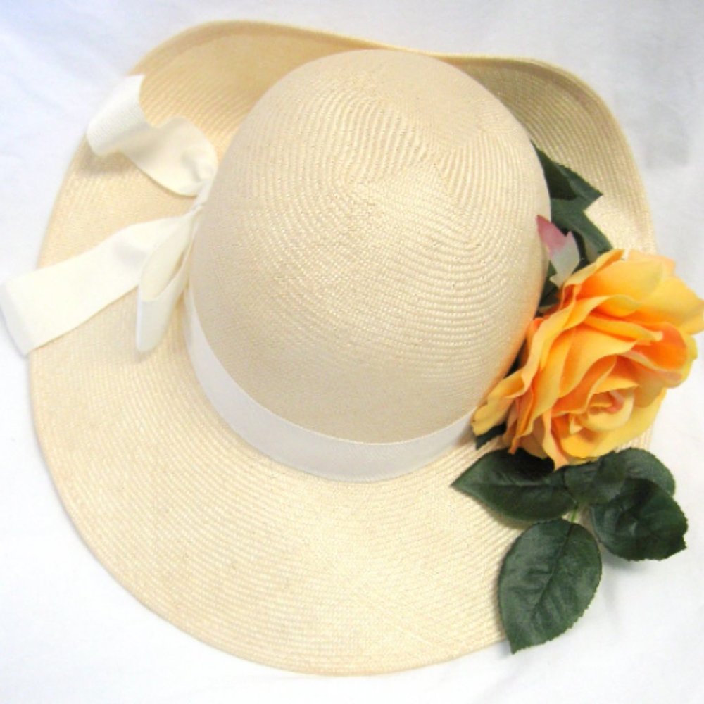 Vintage Beige Straw Hat with Raised Front Brim and Yellow Rose Adornment